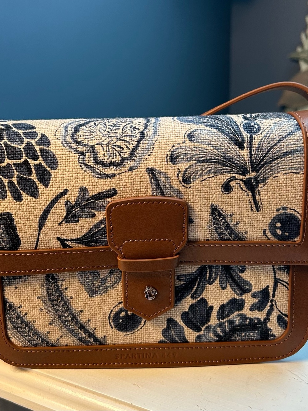 Spartina 449 Navy Floral on Cream Canvas Crossbody with Brown Trim